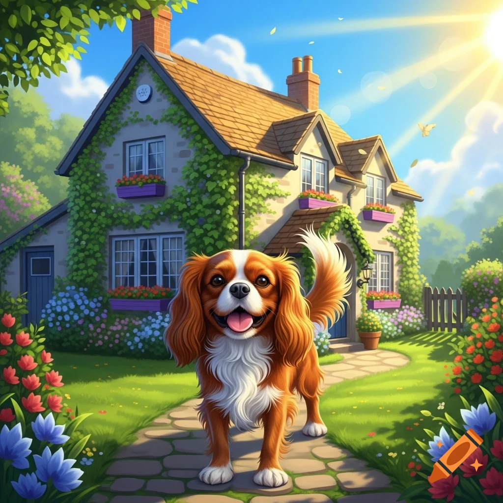 A happy Cavalier King Charles Spaniel with reddish-brown and white fur stands on a stone path in front of an ivy-covered cottage on a sunny day.