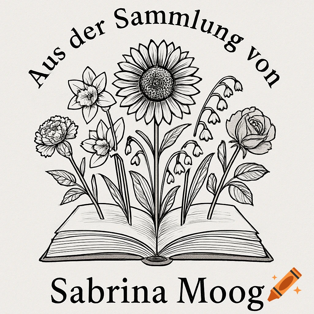 Black and white line art of an open book with flowers (sunflower, daffodils, lily of the valley, rose, carnation) growing from its pages, with German text.