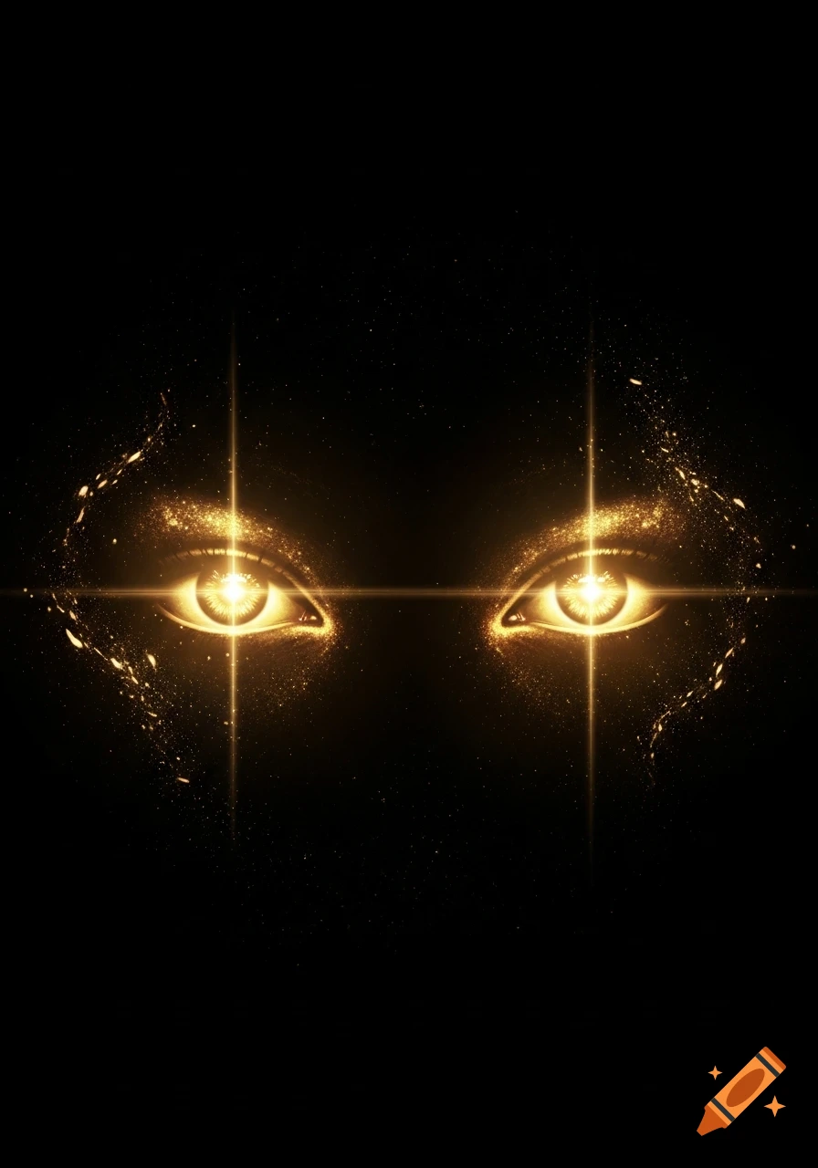 Two luminous golden eyes with starburst pupils glow brightly against a dark, starry background, surrounded by sparkling golden tendrils.