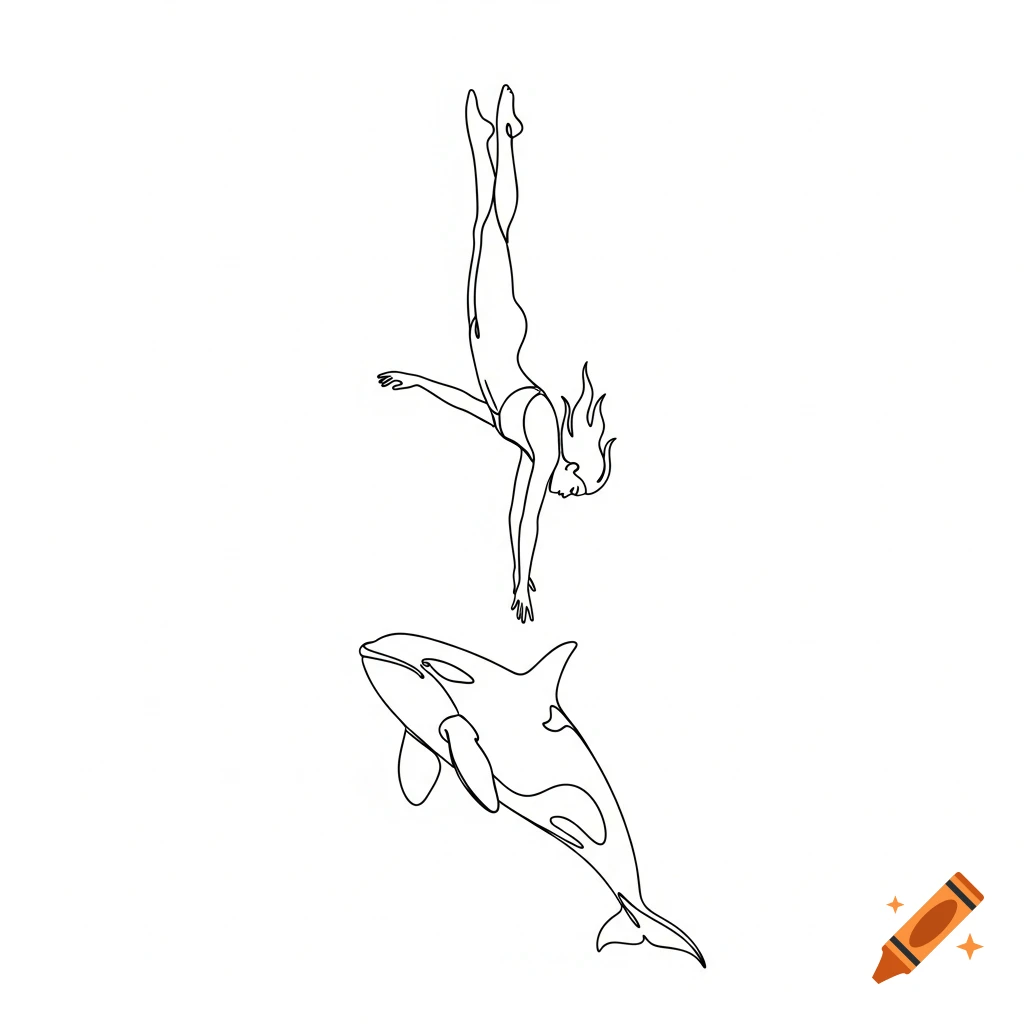 Minimalist one-line drawing of a person diving headfirst towards an orca.