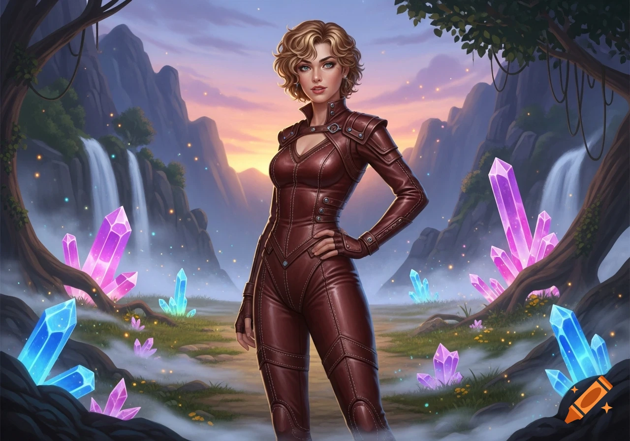 A young blonde woman with curly hair in a brown leather bodysuit stands in a fantasy landscape with glowing crystals and waterfalls.
