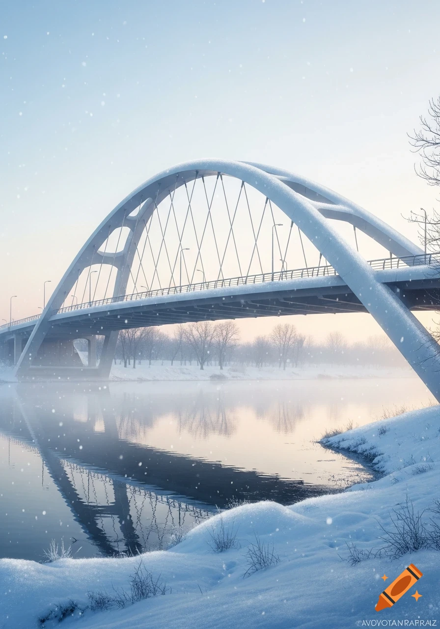 A photorealistic snowy winter landscape featuring a large white arched bridge over a misty river with snow falling.