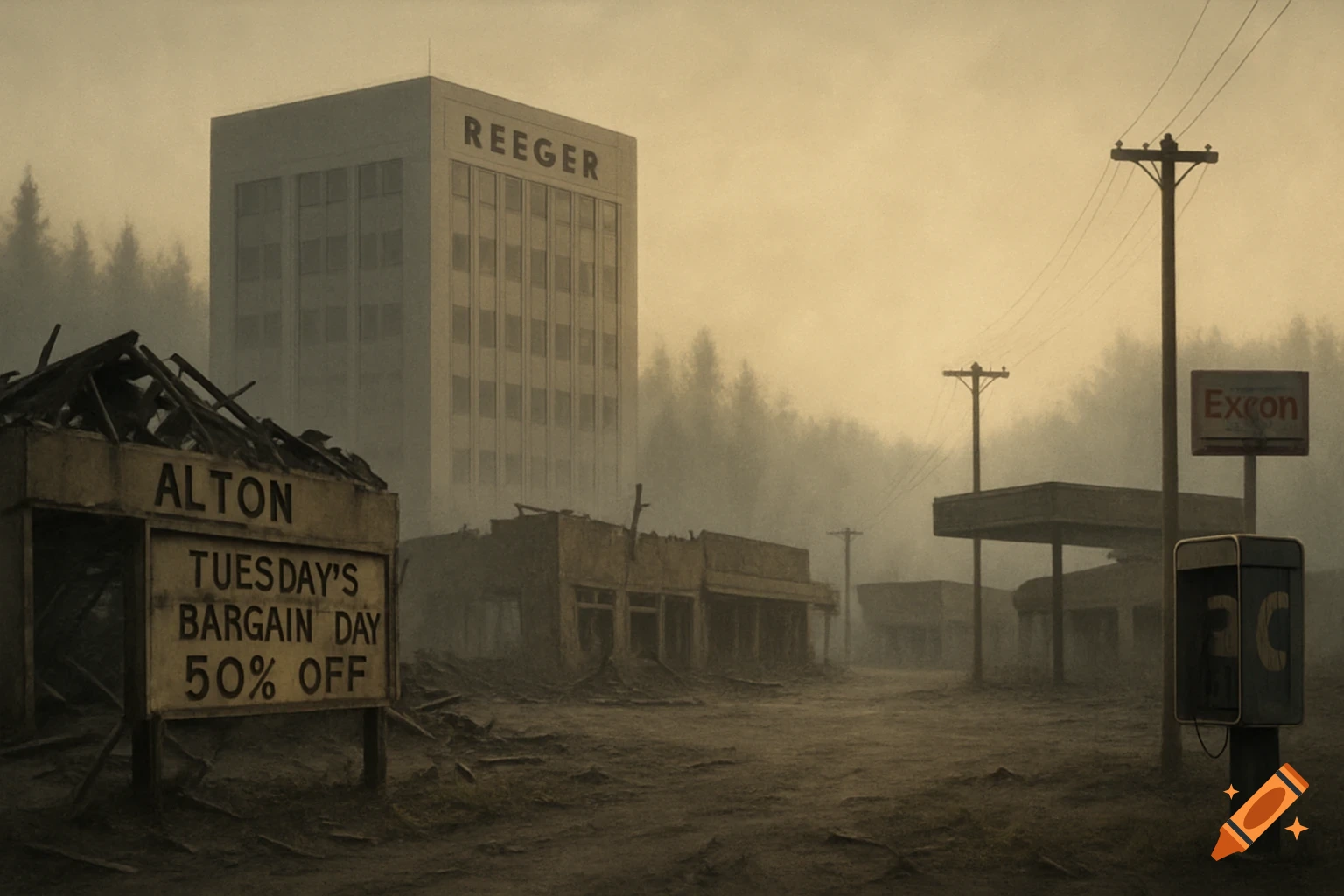 A desolate, fog-shrouded, post-apocalyptic town with a large building, ruined structures, power lines, and a sign reading "Alton Tuesday's Bargain Day 50% Off".