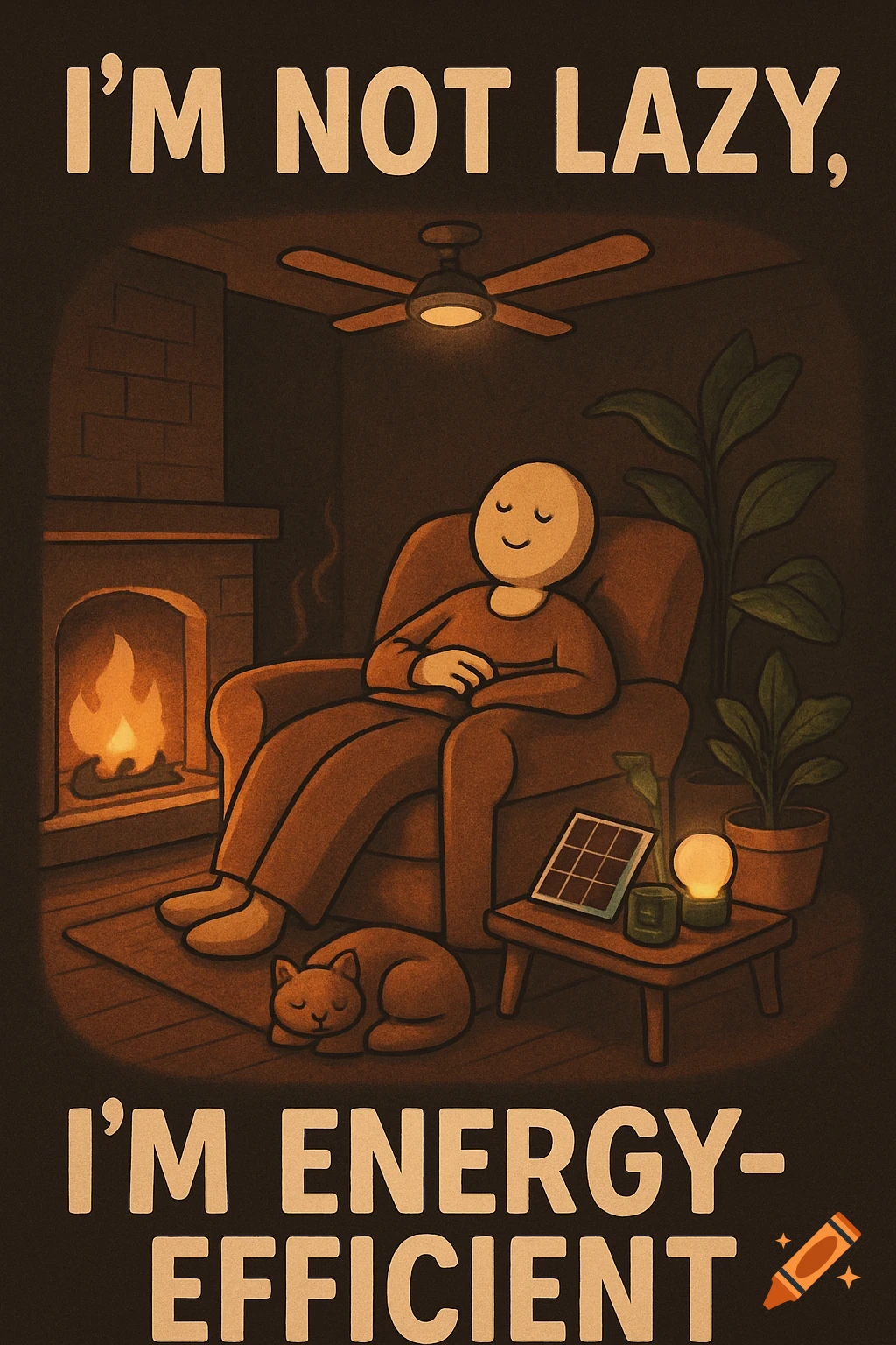 A cozy illustration of a person relaxing in an armchair by a fireplace with a sleeping cat, captioned 'I'M NOT LAZY, I'M ENERGY-EFFICIENT'.