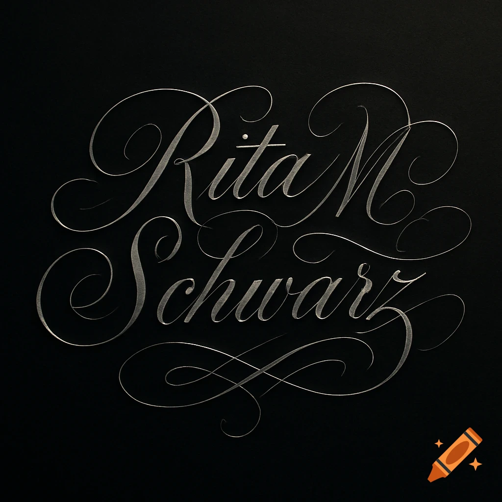 Elegant silver calligraphy spelling 'Rita M. Schwarz' on a black background.