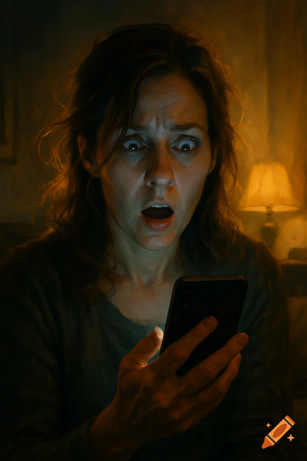 A startled woman with wide eyes and an open mouth looks down at a glowing smartphone in a dimly lit room.