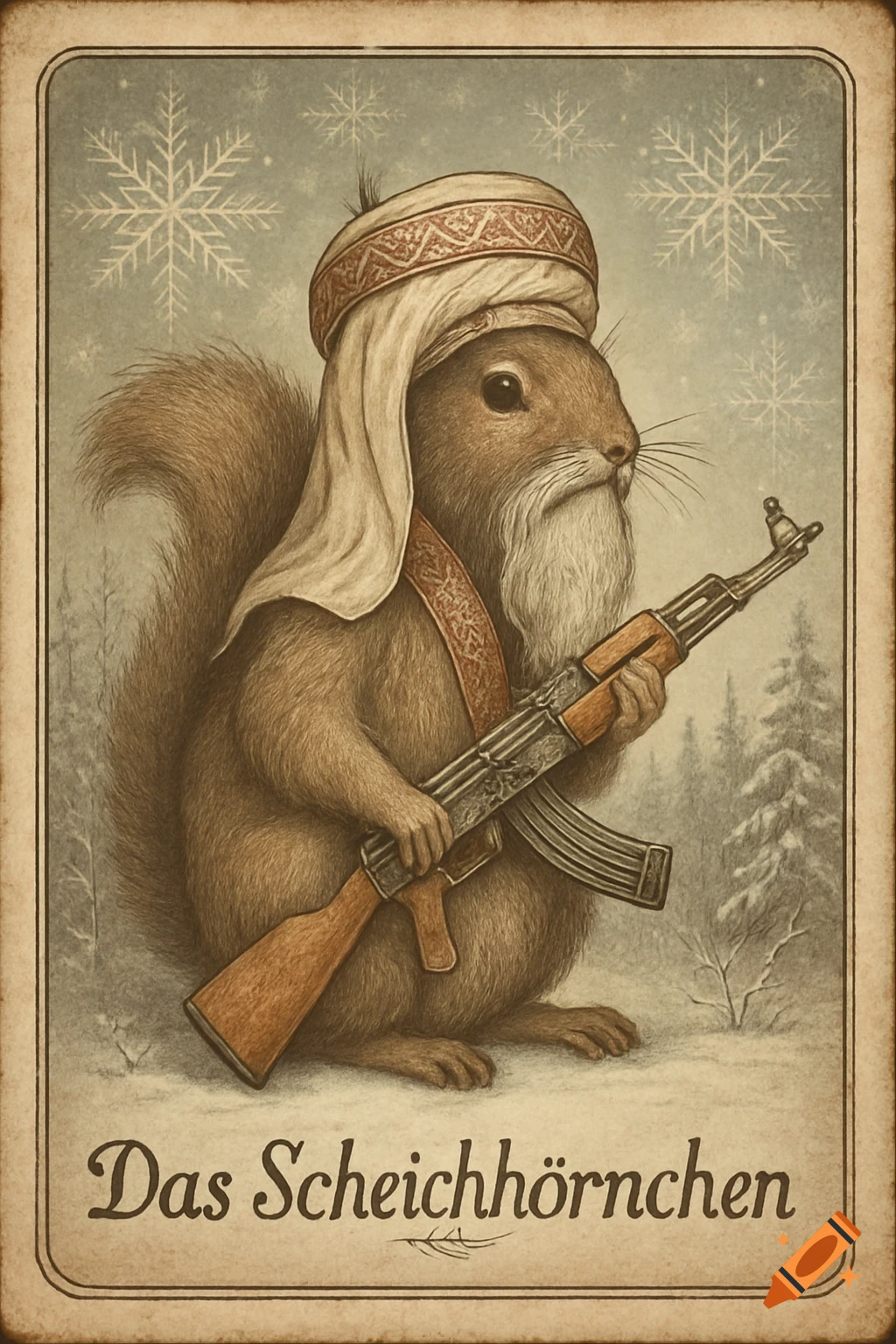 Vintage illustration of a bearded squirrel in a turban holding an AK47 in a snowy forest, captioned 'Das Scheichhörnchen'.