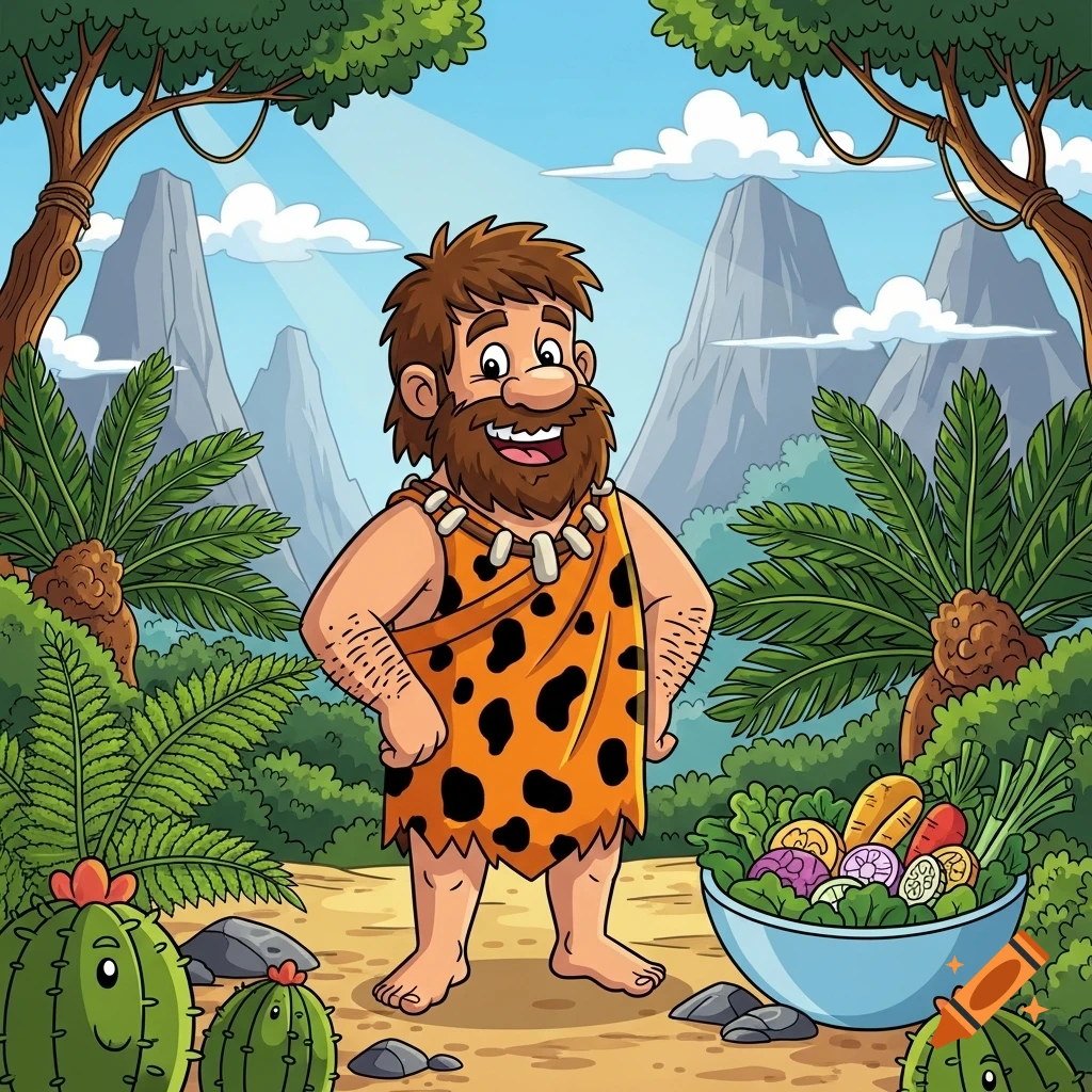 A cartoon caveman in an animal hide stands in a prehistoric jungle, next to a bowl of vegetables, with mountains in the background.