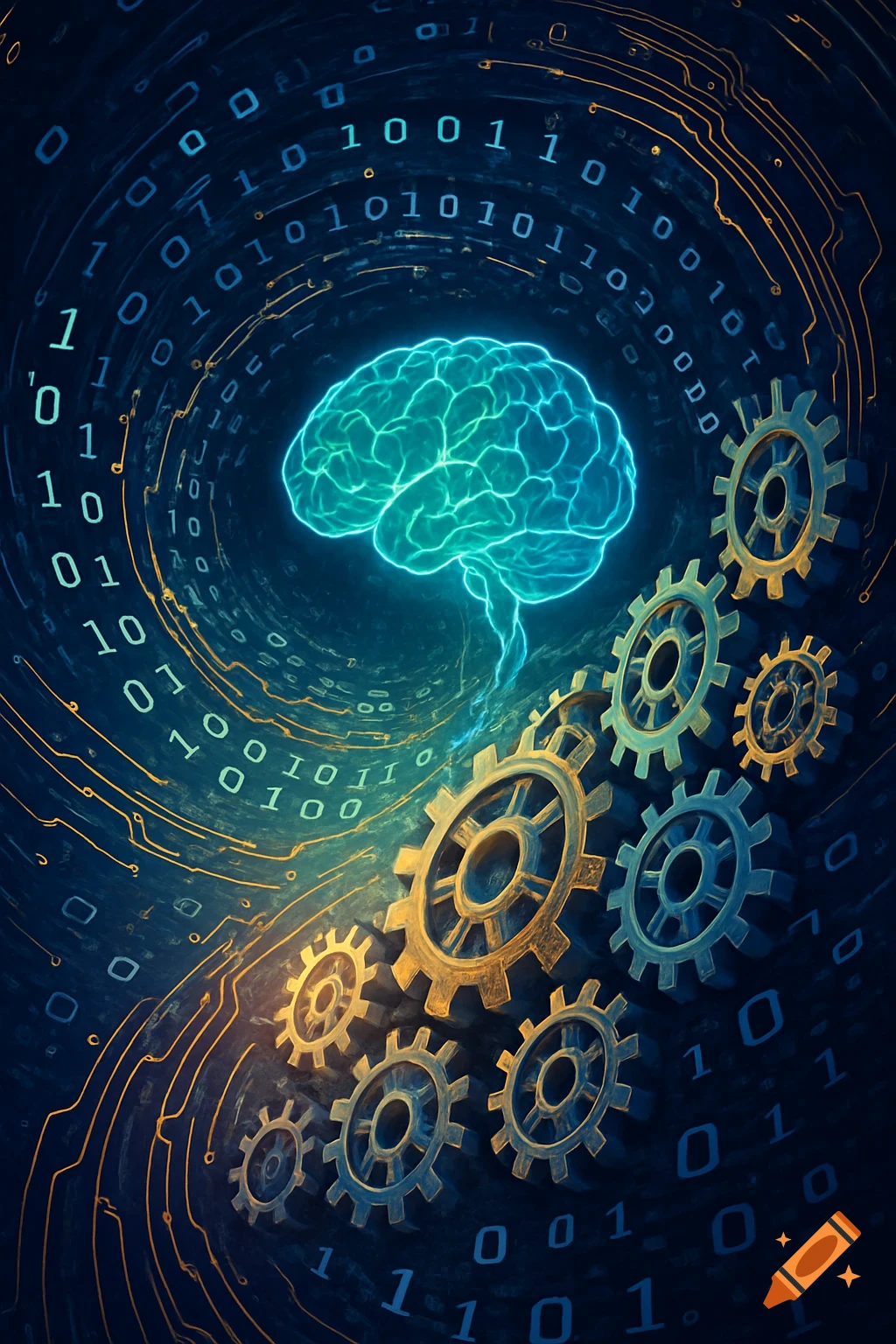 Glowing cyan brain connected to gears, surrounded by swirling binary code and circuit lines on a dark blue background.