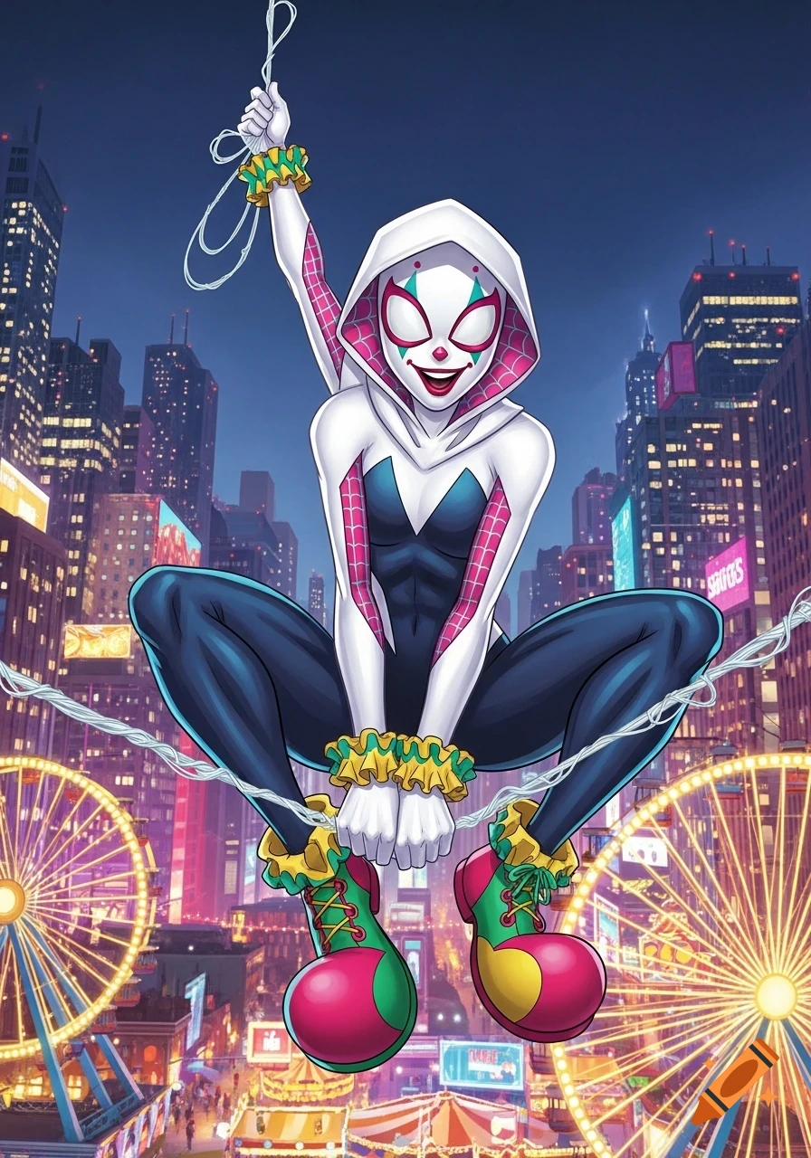 Comic art of Spider-Gwen in a white, pink, and black clown suit, holding a web, suspended above a colorful carnival and city at night.
