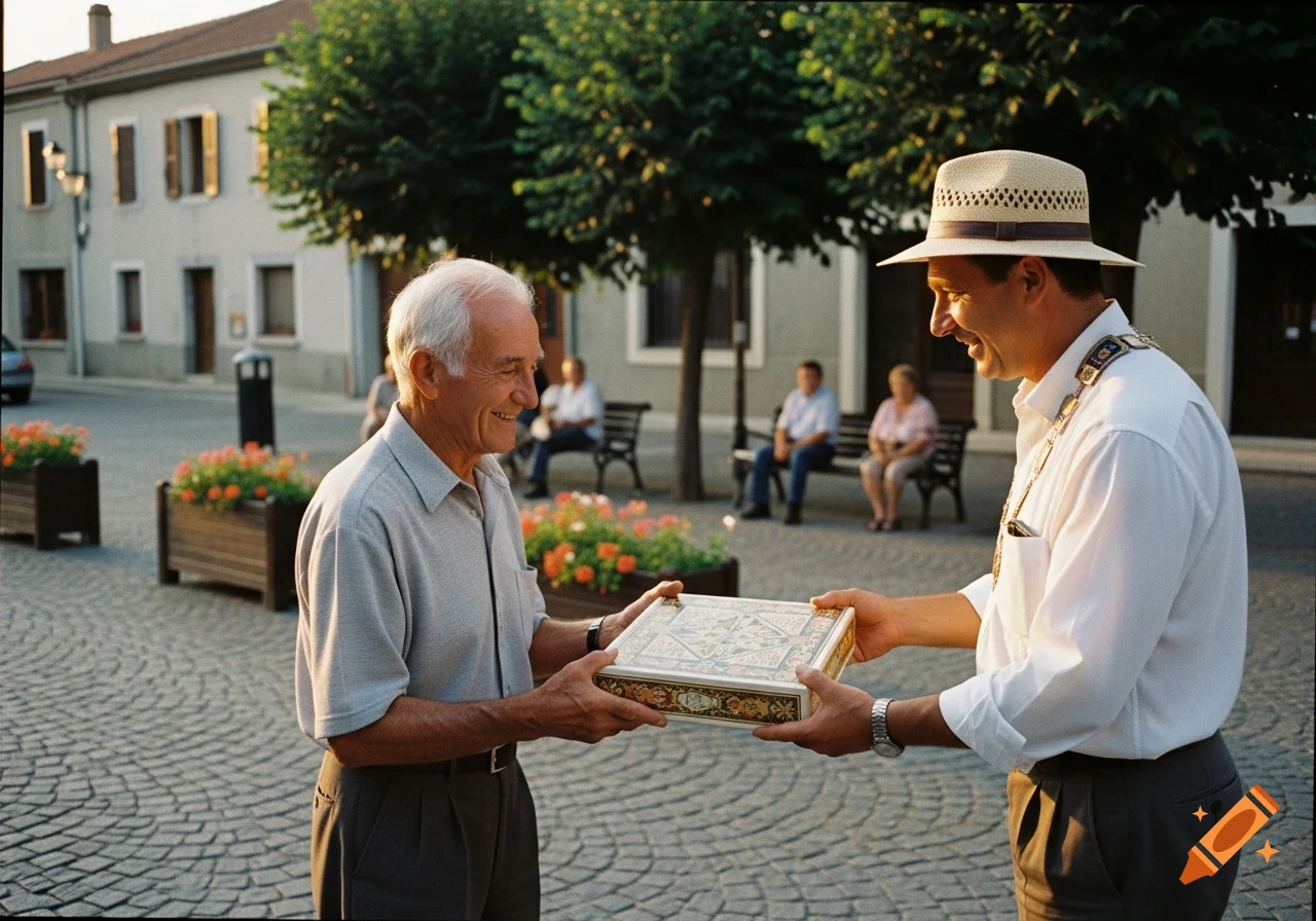 Two smiling men, one in a straw hat, exchange a decorative box on a cobblestone town square with trees and buildings in the background.