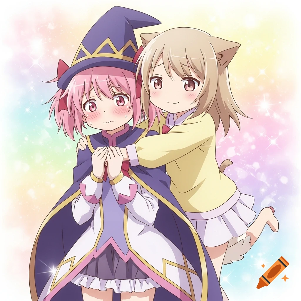 An anime girl with pink hair in a witch outfit looks embarrassed as another anime girl with cat ears and tail hugs her from behind, smiling, against a sparkling rainbow background.