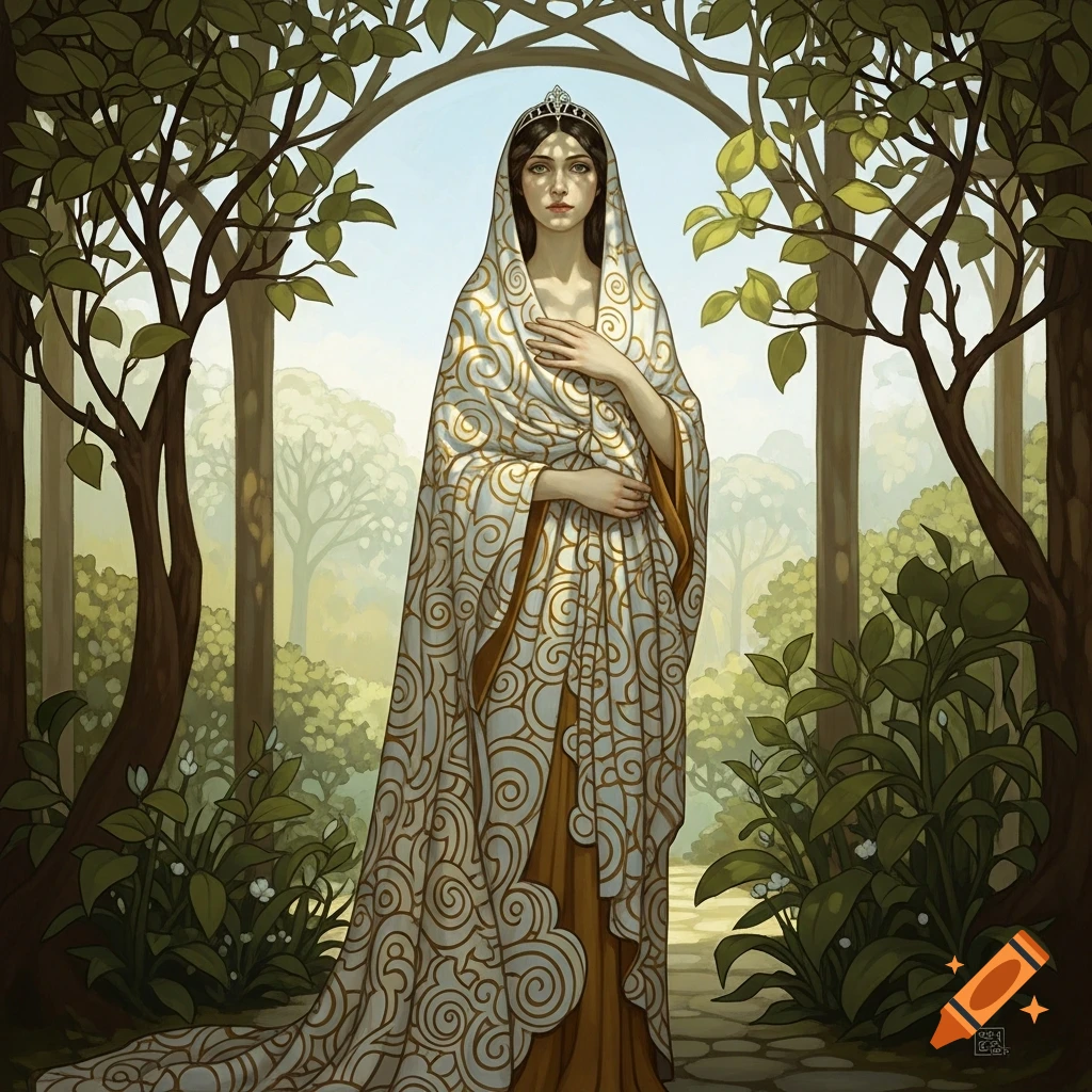 A woman in a white and gold patterned robe and tiara stands under an archway in a stylized forest, in an Art Nouveau style.