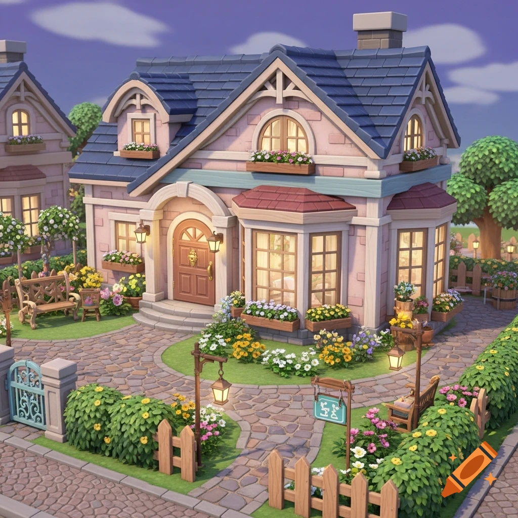 A charming pink and blue cottage with a vibrant garden, cobblestone path, and wooden fence, in a cute, stylized game art style.