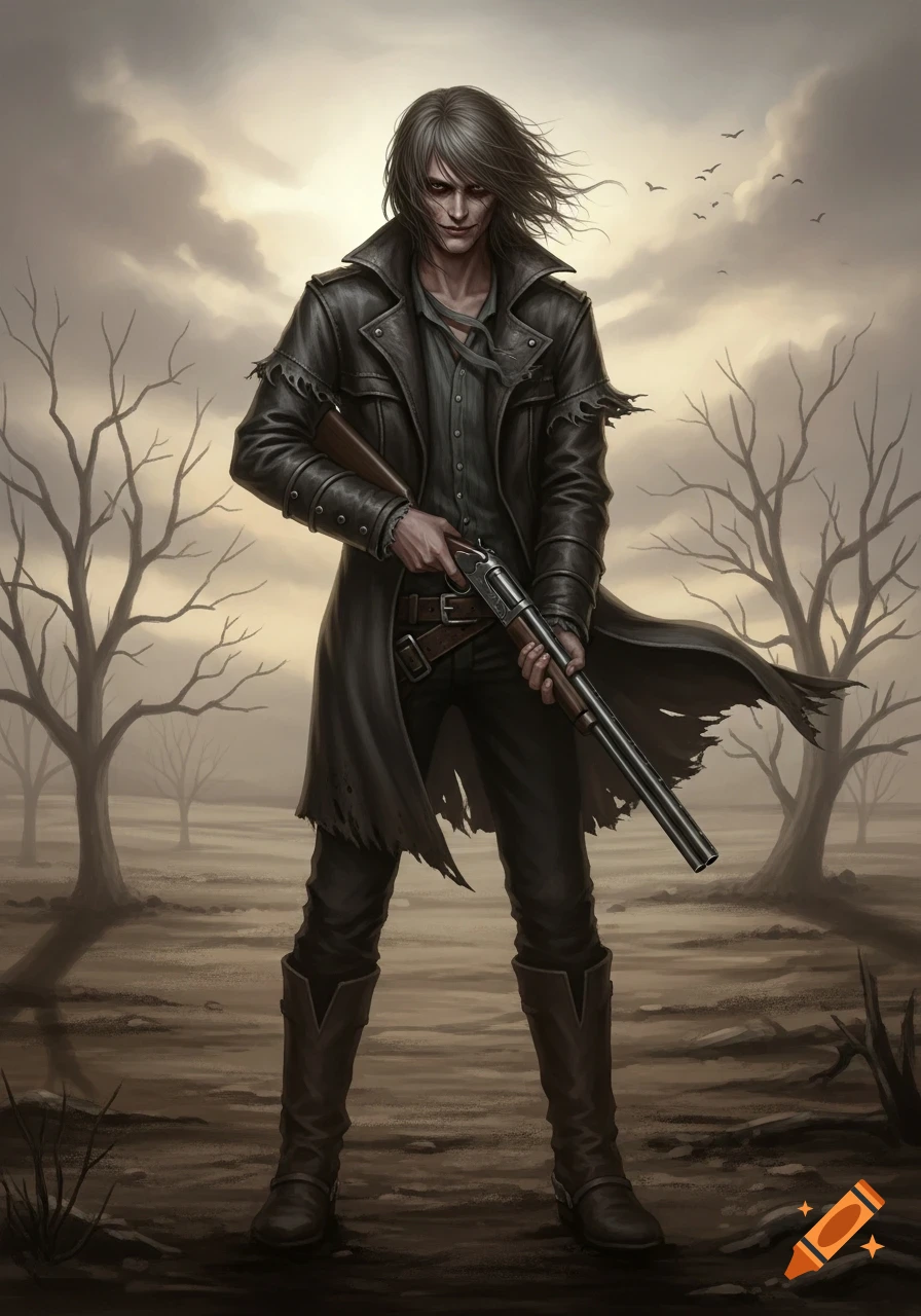 A gaunt man with long grey hair, a distressed leather coat, and a ...