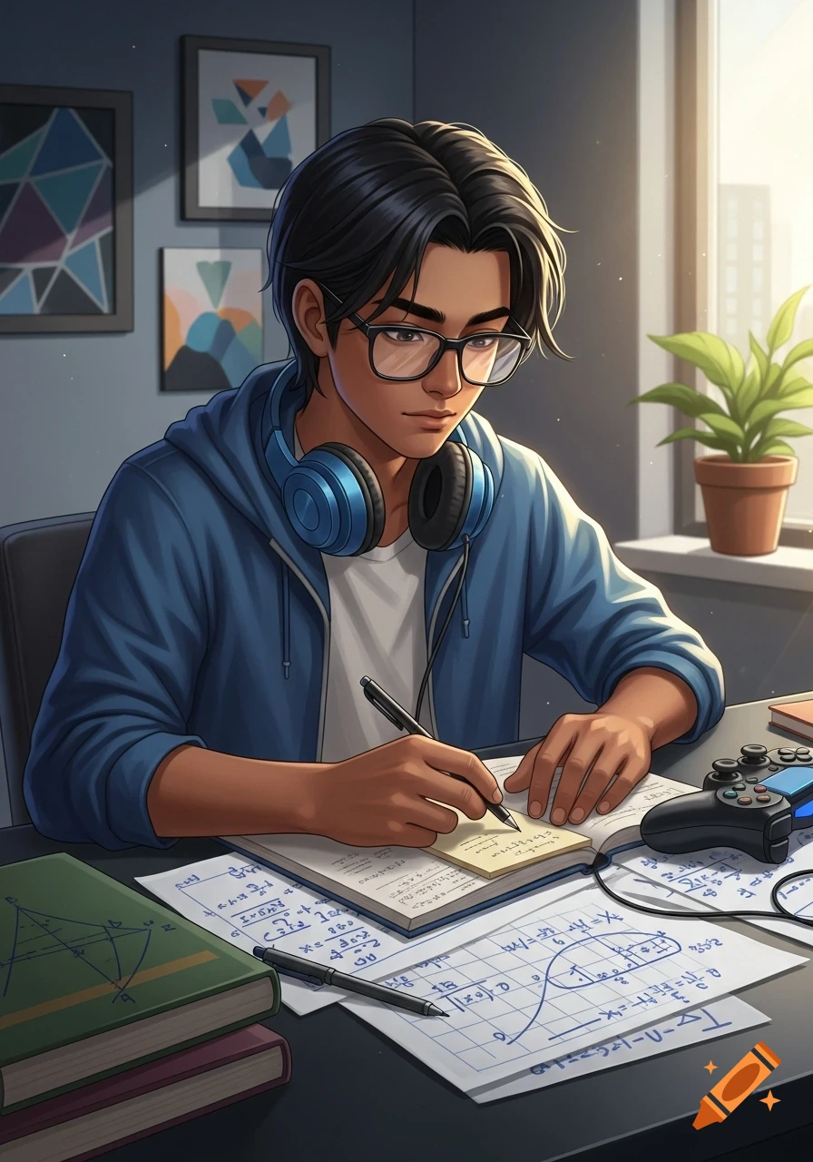 An anime-style male teenager with dark skin and dark blue glasses, wearing headphones, studies math at a desk with a gaming controller nearby.