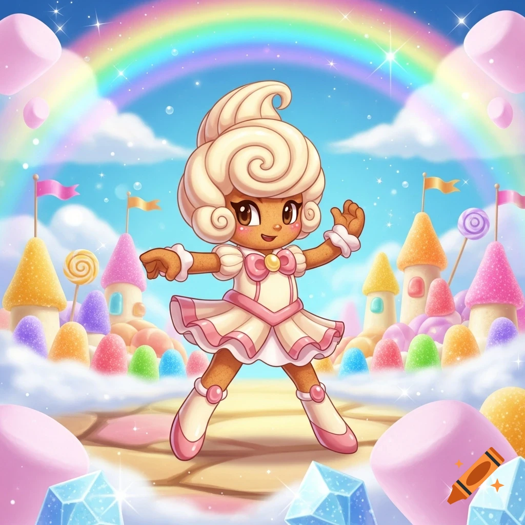 A cute, cream-haired cartoon character in a white and pink dress stands smiling in a vibrant candy land with sugar castles and a rainbow.