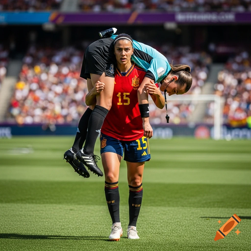 A Spanish woman soccer player in a red jersey carries a fainted referee on her shoulders across a sunny green field.
