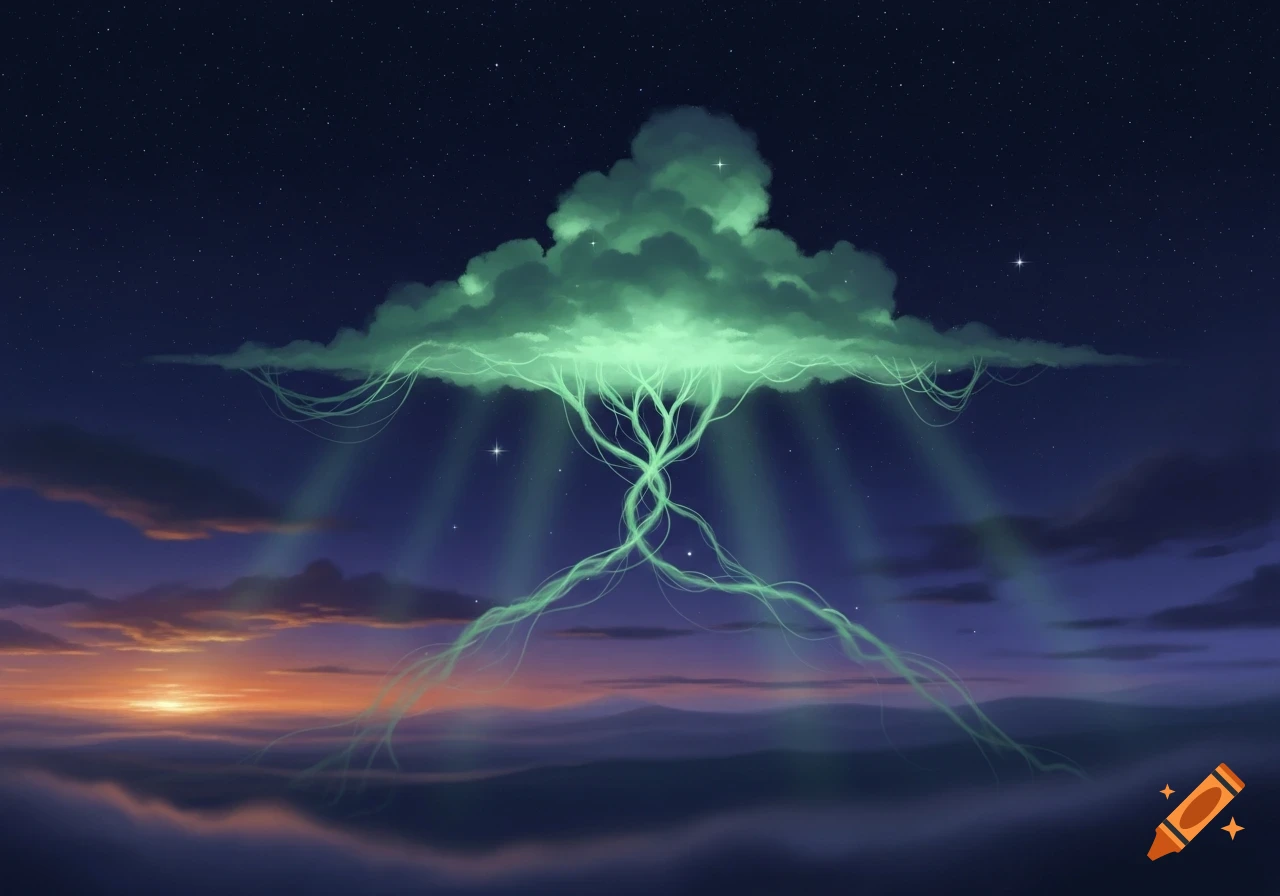 An ethereal glowing green cloud forms a tree-like structure, casting light rays against a starry night sky and sunset horizon.