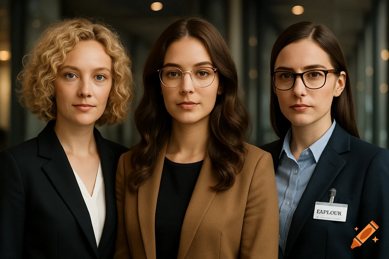 Three professional women in business attire pose for a photorealistic portrait.
