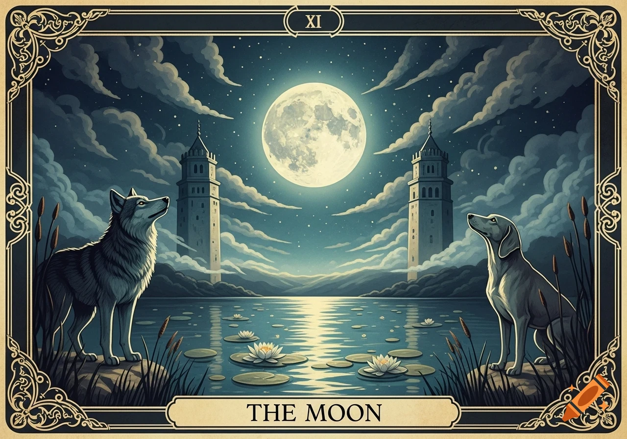 An old retro-style tarot card for 'The Moon' featuring a wolf and a dog by a lake under a full moon, framed by ornate borders.