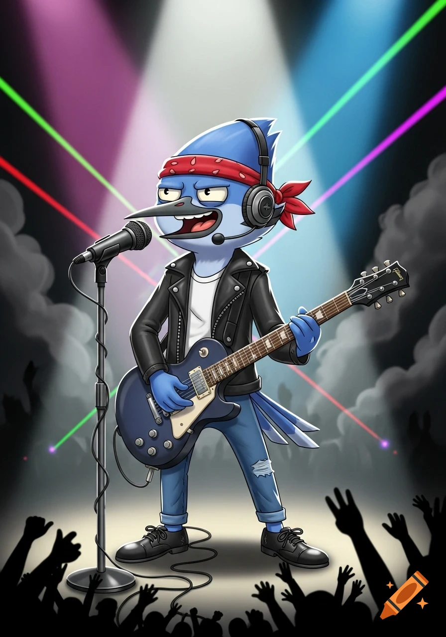 Cartoon blue jay character Mordecai singing into a microphone and playing an electric guitar on a stage with spotlights and a crowd.