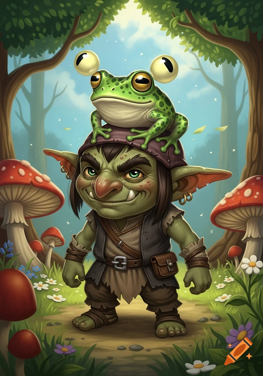 A cartoon goblin wearing a hat with a wide-eyed frog perched on top stands in a whimsical forest with mushrooms.