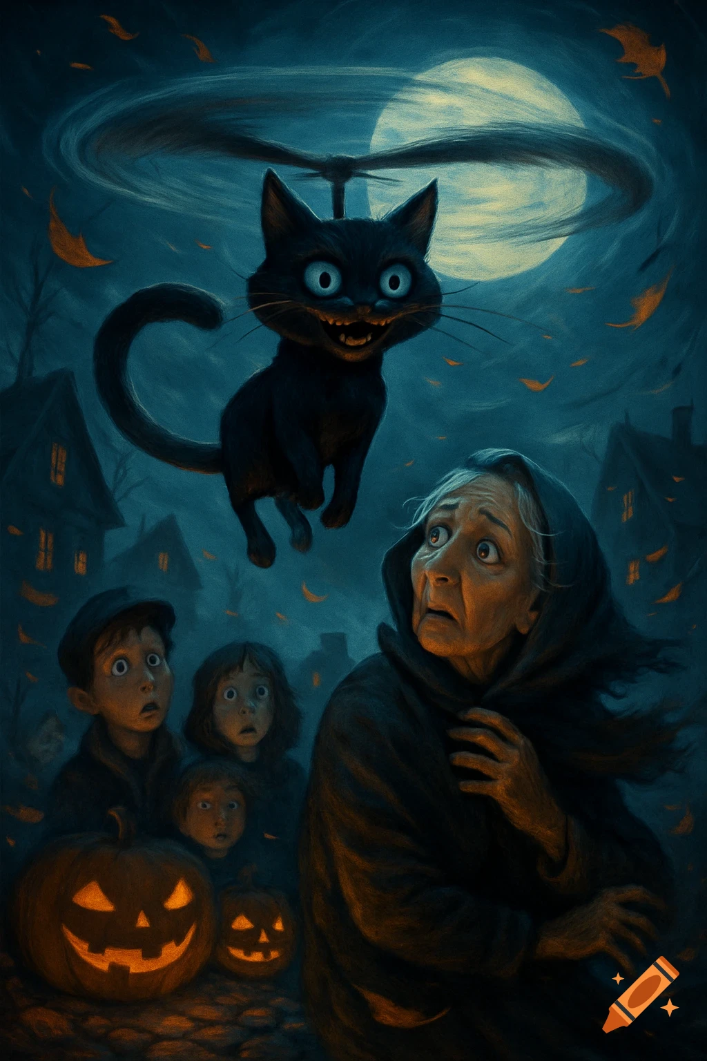 A creepy black cat with blue eyes and a rotor on its back flies over a terrified old woman and children holding glowing jack-o'-lanterns on a dark Halloween night.