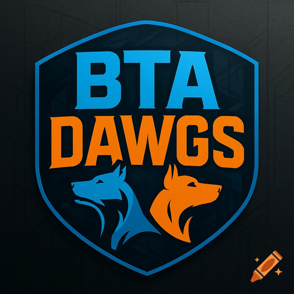 A dark blue shield logo with "BTA" in light blue and "DAWGS" in orange, featuring two stylized wolf heads, one blue and one orange.
