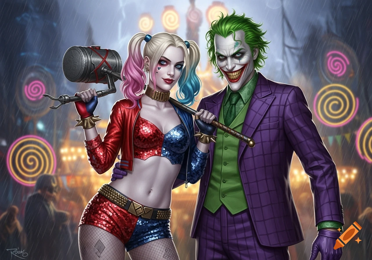 Harley Quinn holding a mallet and the Joker with a cane, smiling wickedly in a colorful, rainy carnival setting.