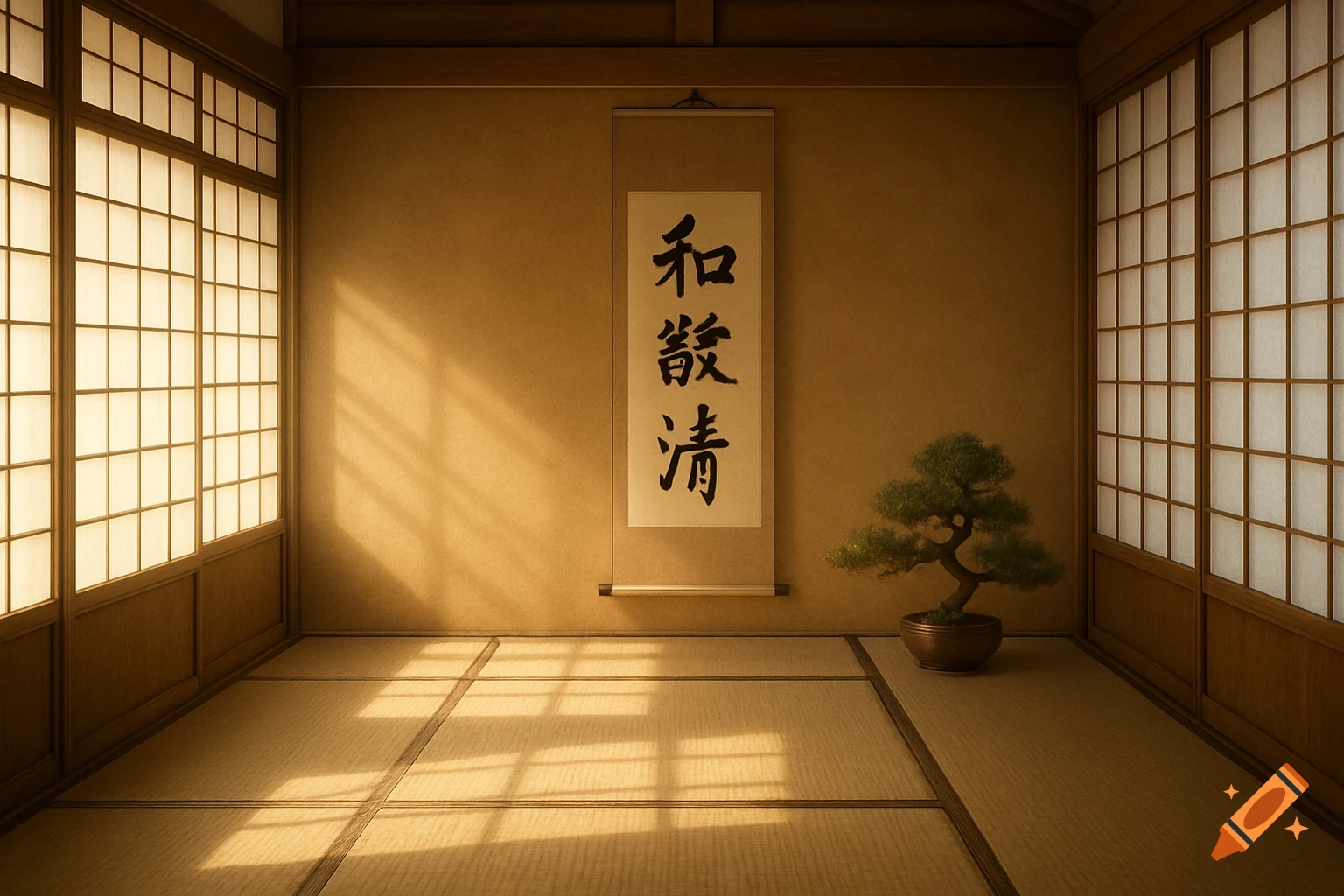 A traditional Japanese tatami room with shoji screens, a hanging calligraphy scroll, and a bonsai tree, bathed in soft sunlight.