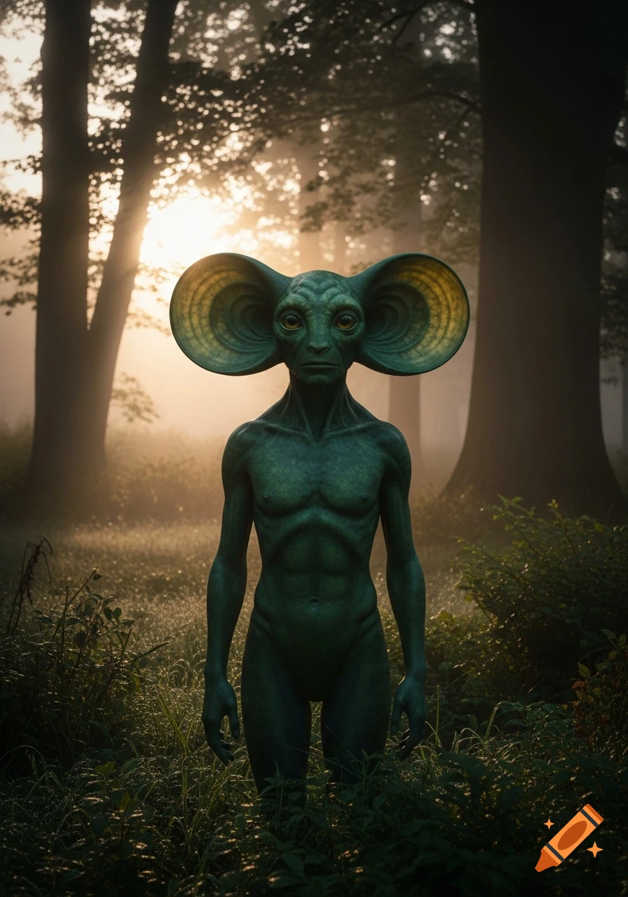 A green humanoid alien with oversized circular ears stands in a misty forest with sunlight filtering through trees.