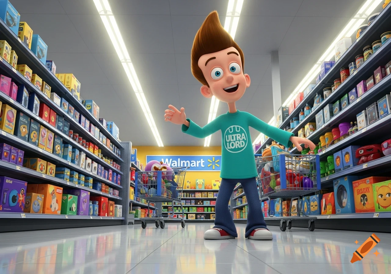 Sheen Estevez from Jimmy Neutron stands in a bright Walmart aisle, with shopping carts and products on shelves, in a 3D animation style.