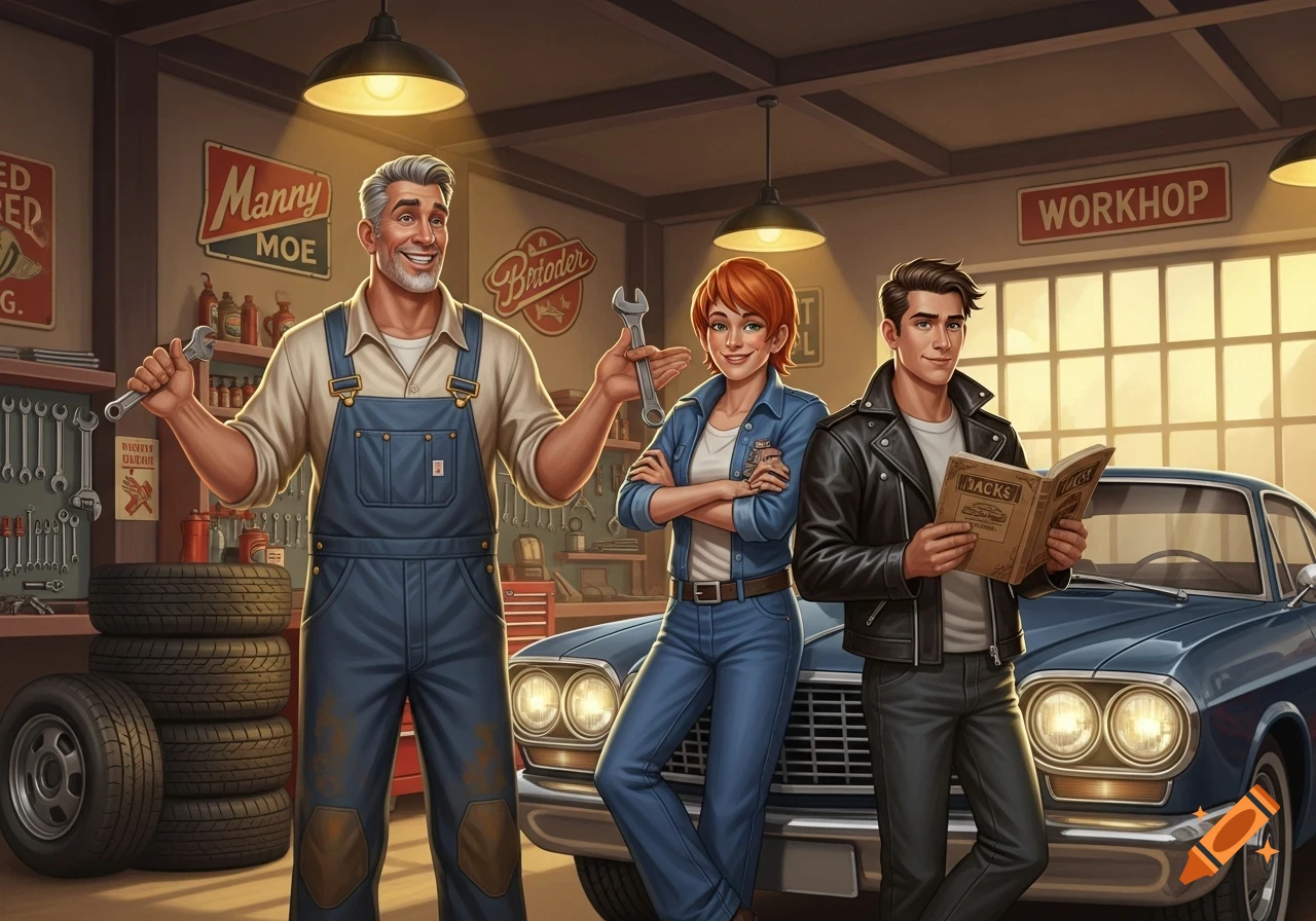 A cartoon of three mechanics, two men and a woman, standing in a vintage-style garage with a blue car.