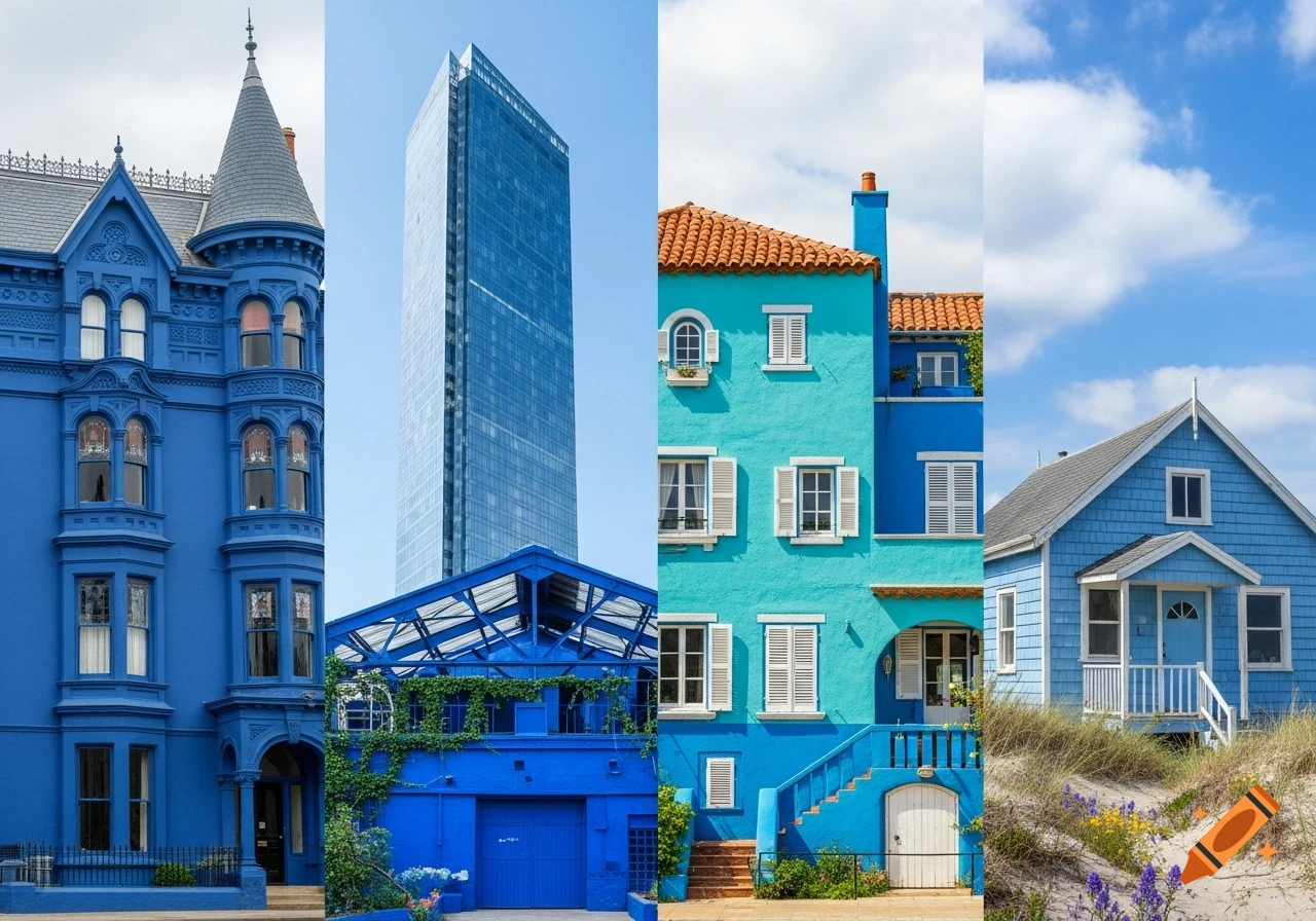 A vibrant collage showcasing four distinct blue buildings: a Victorian house, a modern skyscraper, a Mediterranean-style home, and a coastal cottage on a sandy dune.