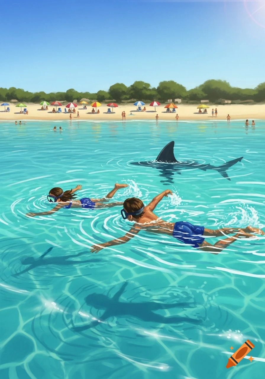 Illustration of two swimmers in blue ocean water, a shark fin nearby, and a sandy beach with people and umbrellas.