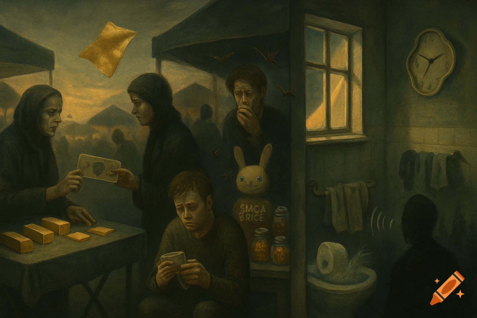 A surreal, dreamlike painting depicting a melancholic scene with figures in a dark flea market dissolving into a public toilet, with a melting clock and a bunny toy with text.