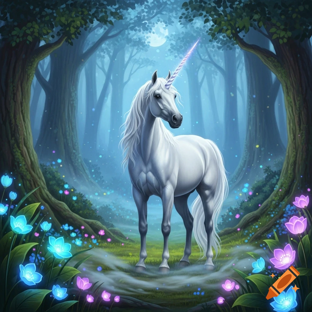 A majestic white unicorn with a glowing horn stands in a magical forest clearing with luminous blue and purple flowers.