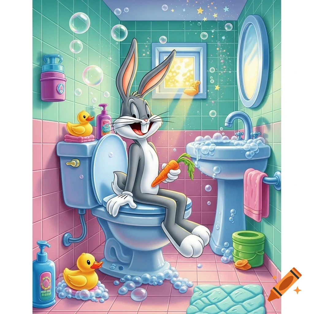Bugs Bunny sits on a light blue toilet in a colorful tiled bathroom, holding a carrot, surrounded by rubber ducks and bubbles.