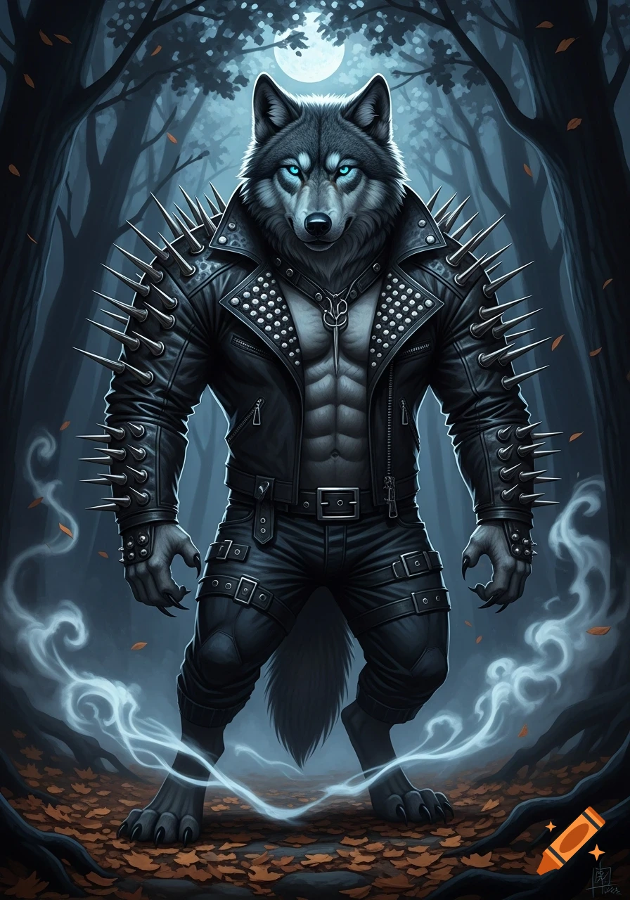 A powerful grey werewolf in a spiked black leather jacket and pants stands under a full moon in a dark forest.