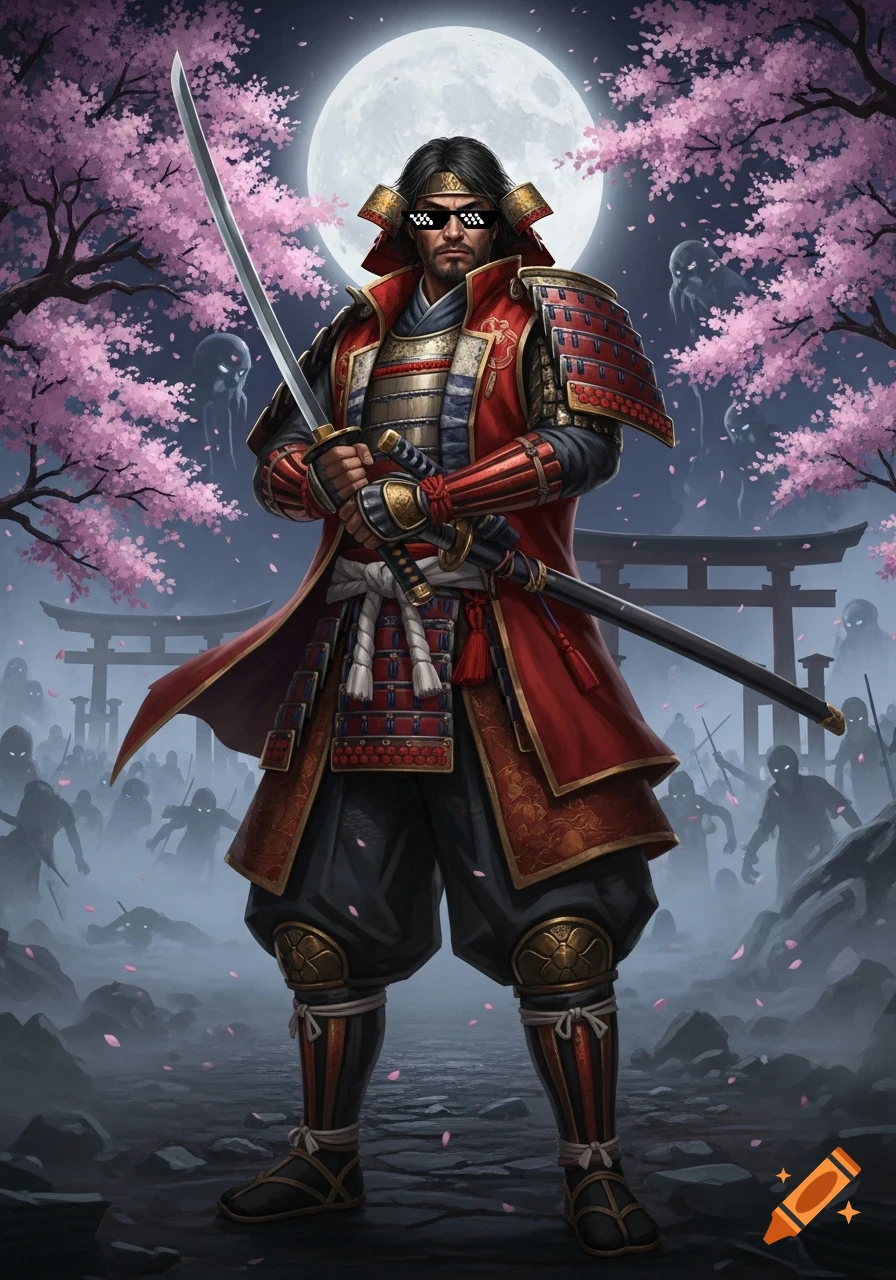 A samurai warrior in red armor and pixelated sunglasses holds a katana amidst cherry blossoms, a full moon, and shadowy figures.