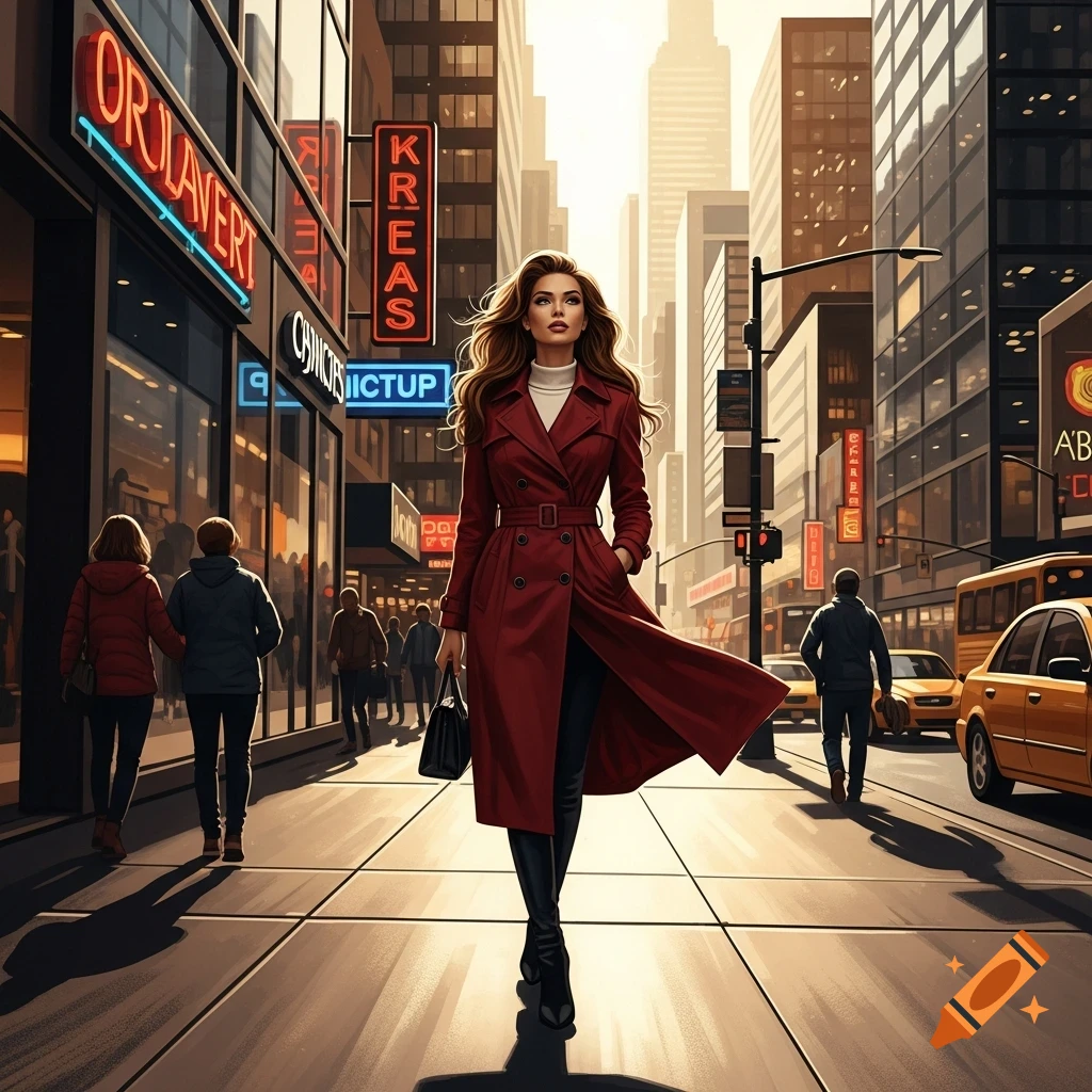 A confident woman in a flowing red trench coat walks purposefully on a ...
