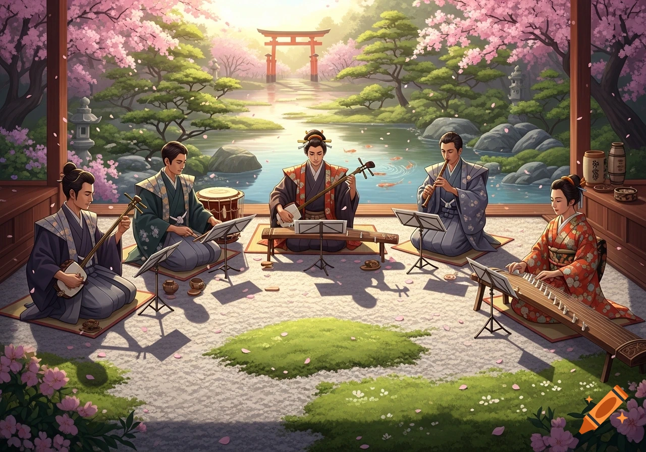 A Japanese music group in traditional kimonos plays instruments in a beautiful cherry blossom garden with a pond and torii gate.