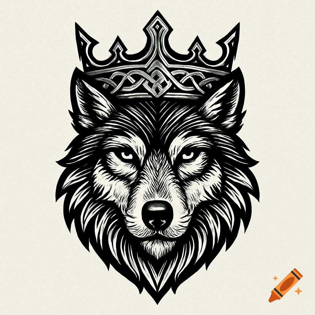Black and white stylized illustration of a wolf's head wearing an ornate Viking-style crown.
