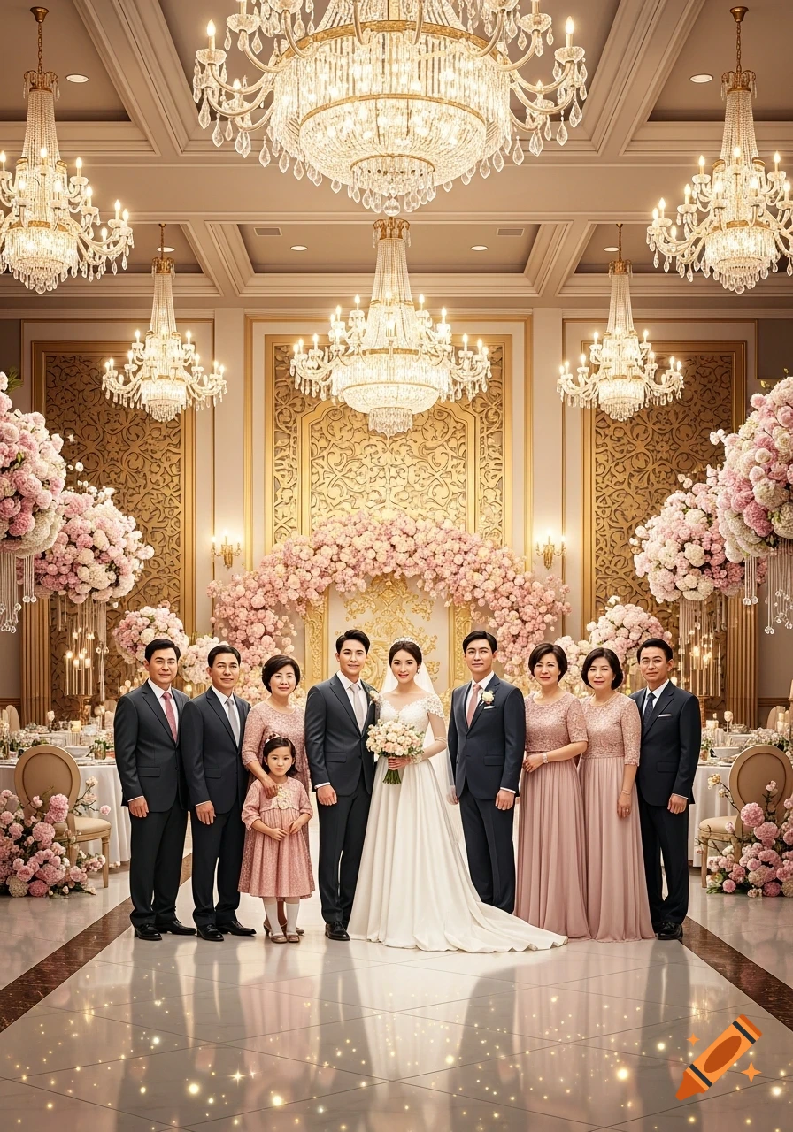 A family poses in a grand wedding hall filled with chandeliers and pink floral decorations. A bride and groom stand center.