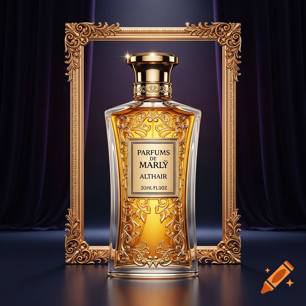 A luxurious gold and clear glass perfume bottle labeled "Parfums de Marly Althair" with ornate detailing, standing in front of a decorative gold frame against a dark background.