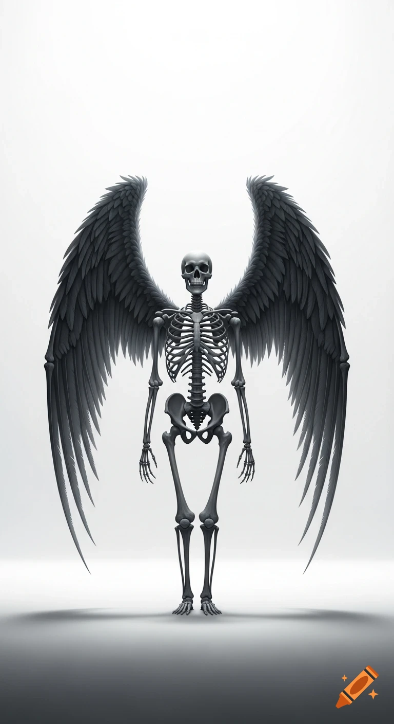 A stylized, very tall skeleton with large dark grey wings stands in an empty white void, casting a shadow below.