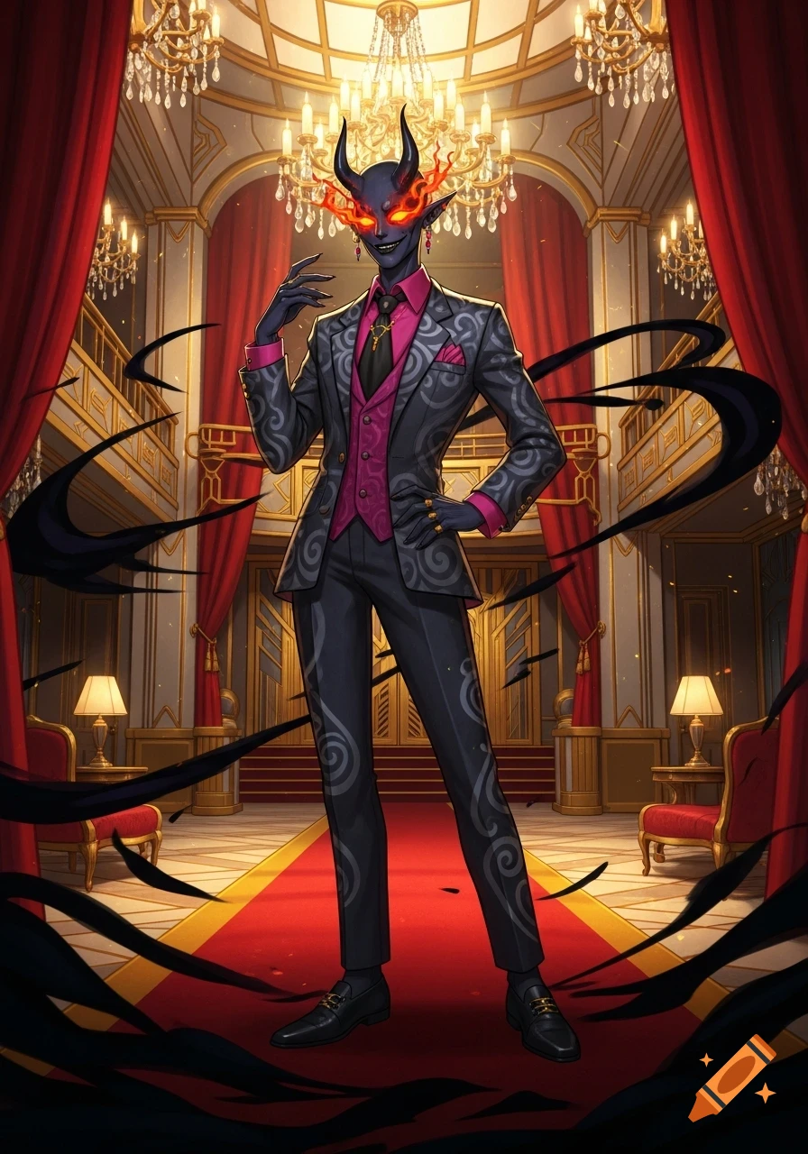 A stylish, dark-skinned demon with glowing eyes and fiery horns, wearing a patterned suit, stands in an opulent hotel lobby with red curtains.