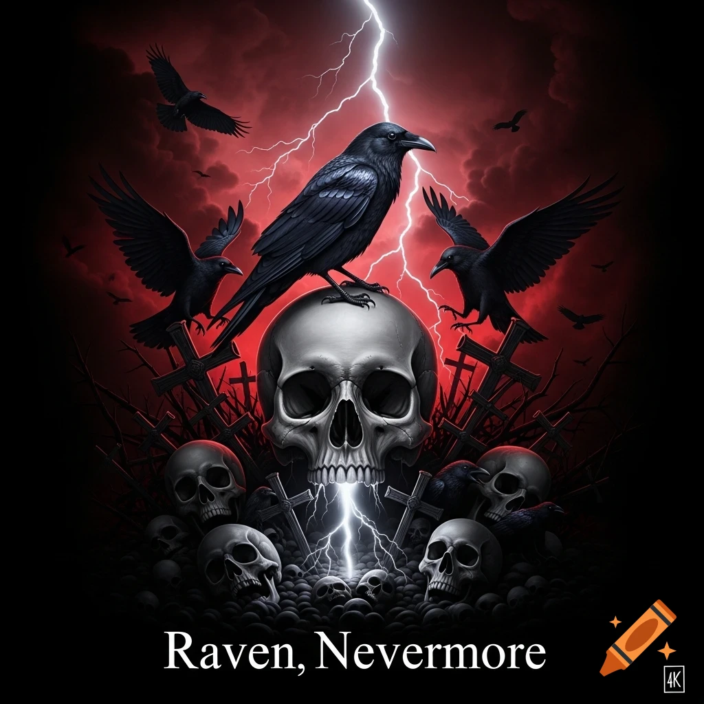 Gothic dark fantasy art of a raven on a skull with lightning, other skulls, and flying ravens on a red-black background. Text: "Raven, Nevermore".