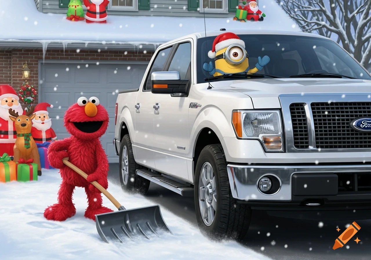 Elmo shovels snow in a driveway next to a white Ford F-150 truck with a Minion in the driver's seat, surrounded by Christmas inflatables.